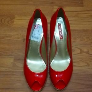 Red Nine West wedge peep-toe heels